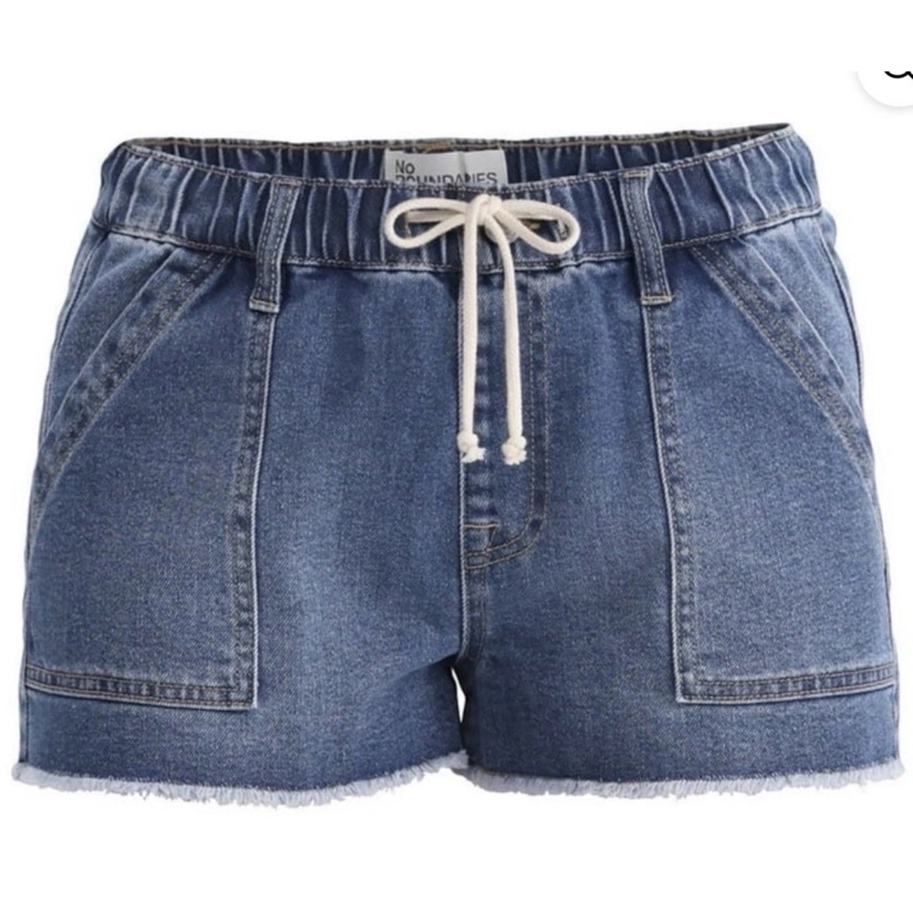 No Boundaries Drawstring Utility Shorts Pockets Fringe dark Wash